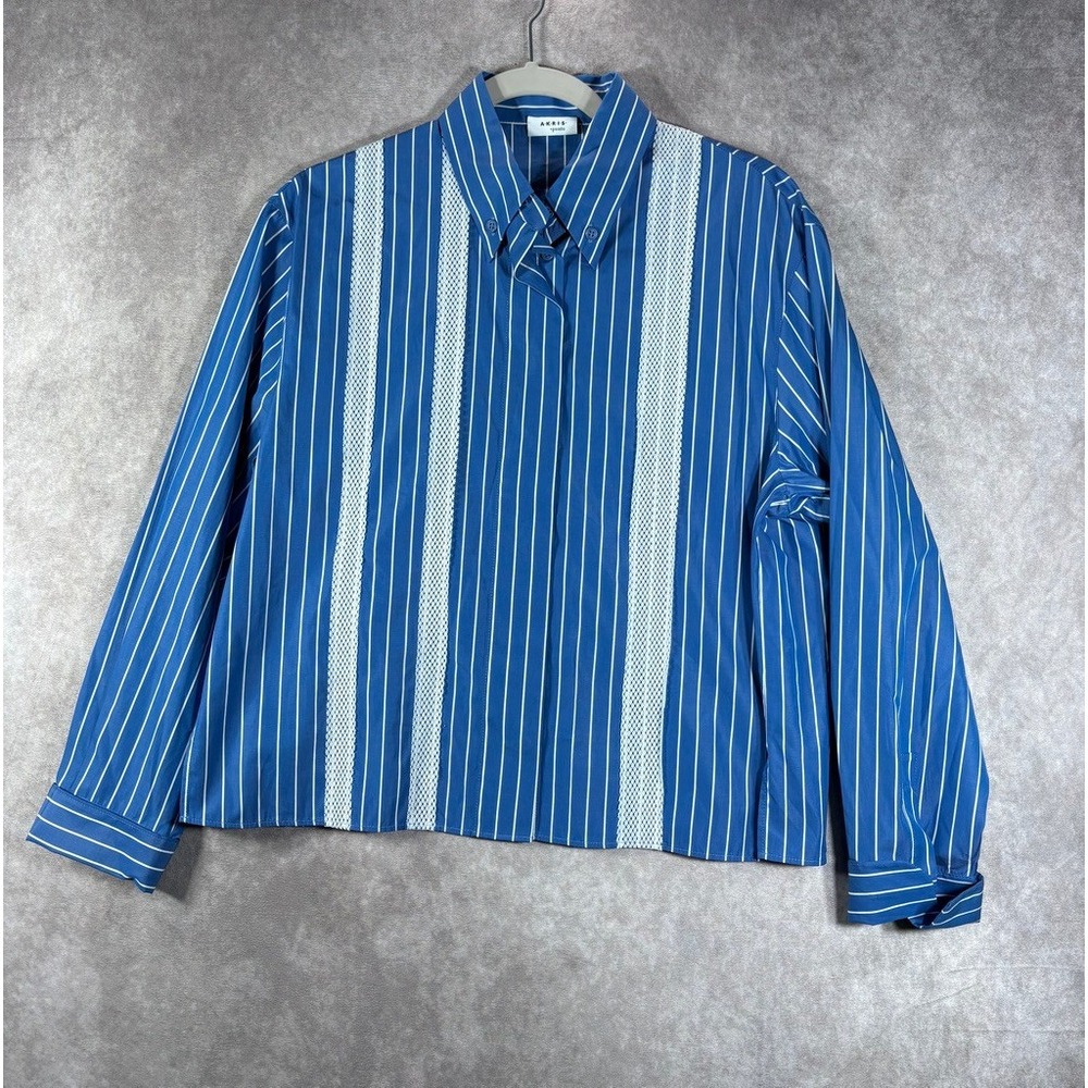 Akris Punto Pajama Stripe Long Sleeve Button Down Shirt Womens 6 Blue Lace Trim